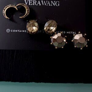 VERA WANG 3pc Goth Antique Gold Moon/Green-Gray + Hematite Crystal Stud Earrings